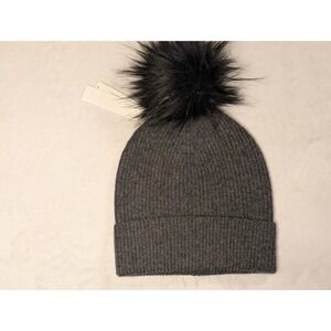 SASSO SMYTH Charcoal Ribbed Cashmere Blend Beanie Pom Pom One Size OS